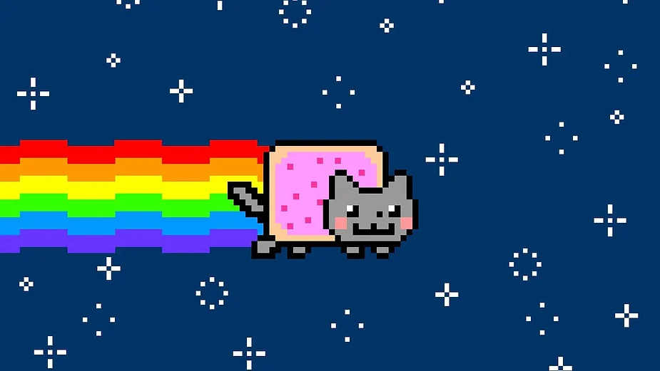 Cette image du meme "Nyan Cat" (populaire de 2011 à 2012)  peut être téléchargée ici gratuitement. Toutefois, son NFT a été vendu pour 500 000$ en 2021.